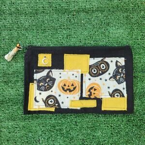 Handmade Black Canvas Zippered Bag with Patchwork Halloween Design